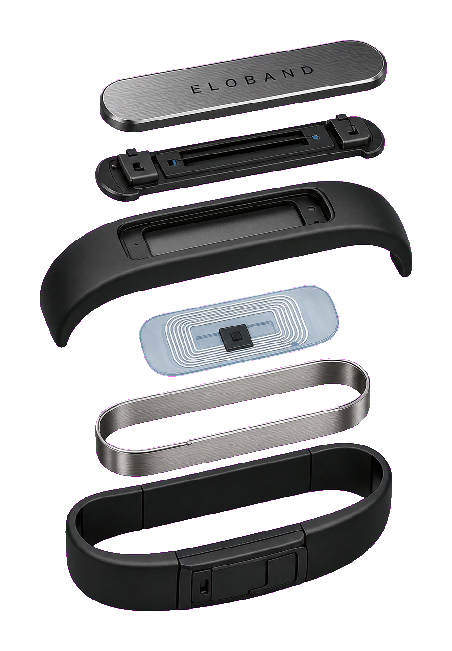 Exploded view of the EloBand bracelet concept showing the band, removable addon, and NFC area